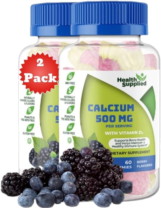 Health Supplied Calcium 500mg with Vitamin D3 1000 IU Gummies | Daily Dietary Supplement | Bone Strength, Growth, Teeth | for Adults, Teens, Kids | Great Tasting Natural Berry Flavor Vitamin Gummy 60 Count (Pack of 2)
