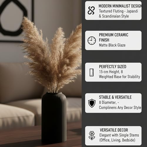 Image of KREATIVE ART'S Modern Ribbed Design Ceramic Flower Vase for Living Room, Flower Pots for Artificial Flower, Home Decoration Item, Home Decor, Vases for Living Room (Black, Small)