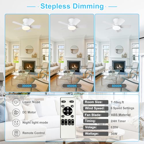 Image of Depuley Modern Ceiling Fan with Light: 25-Inch White Small Fans for Bedroom Indoor Outdoor - Dimmable Low Profile Ceiling Fans with Remote Control Flush Mount 5 Reversible White Blades 6 Speeds Timer