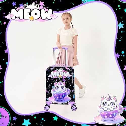 Image of Cute Black Cat Kid's Luggage Set 2 Piece Suitcase Set 16 inch Hardside Luggage with Spinner Wheels Girls Carry on Toddler Travel Rolling Luggage Airline Approved