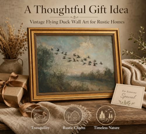 Image of Gold Framed 3D Textured Wall Art, Vintage Misty Lake Forest Flying Duck Canvas Prints, Nature Landscape Flock of birds Pictures Decor, Rustic Farmhouse Wildlife Artwork for Living Room Bedroom 12x16in