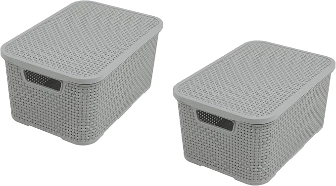 ZARVICZONIA Set Of 2 Stylish Rattan Storage Baskets with Lids – Durable Plastic Wicker Effect in Grey, Cream & Charcoal – Versatile for Bathroom, Kitchen, Office & More (Light Grey, 19L)