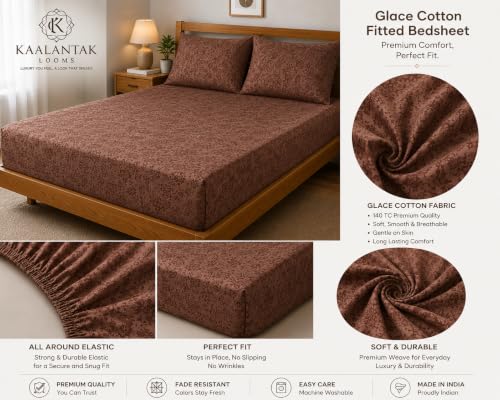 Image of Fitted Bedsheet Brown 3D Floral Print Glace Cotton 210 TC | Full Single Size for Single Bed Fits 4 x 6.25 ft Mattress (48 x 75 Inch) | All Around Elastic | 2 Pillow Covers | 7 Inch Deep Pocket