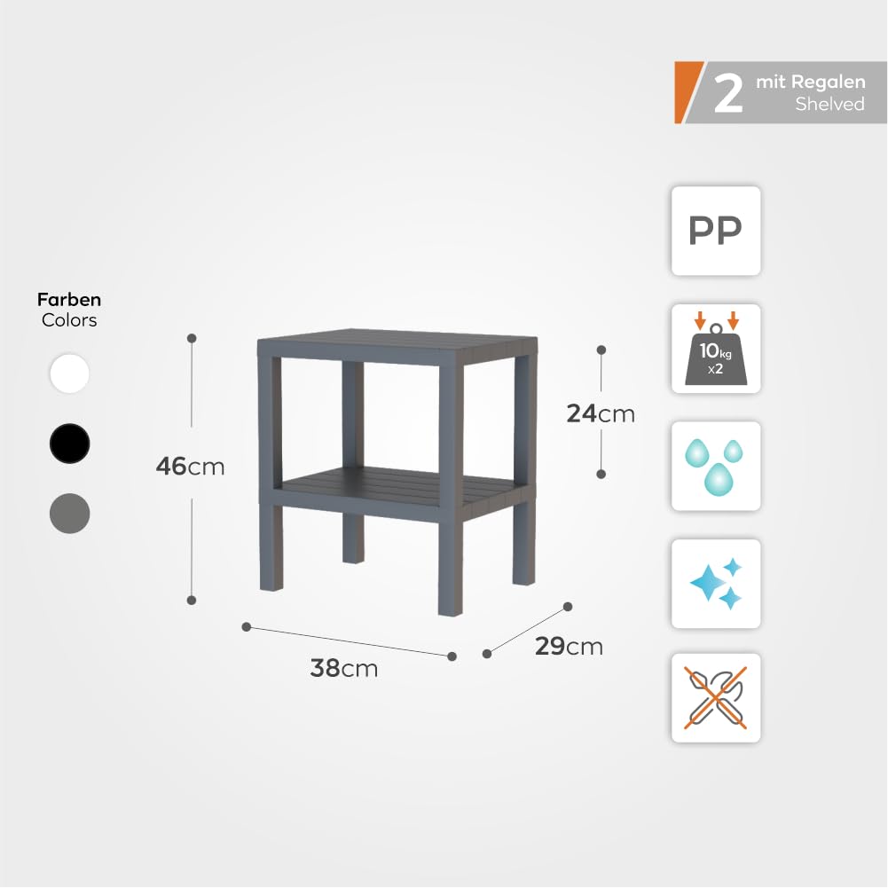 sugodesign OMBEG Tavolino multiuso a 2 ripiani, comodino, rettangolare, in plastica impermeabile, portata 10 kg per ripiano, per bagno, cucina, balcone, camera da letto (bianco)