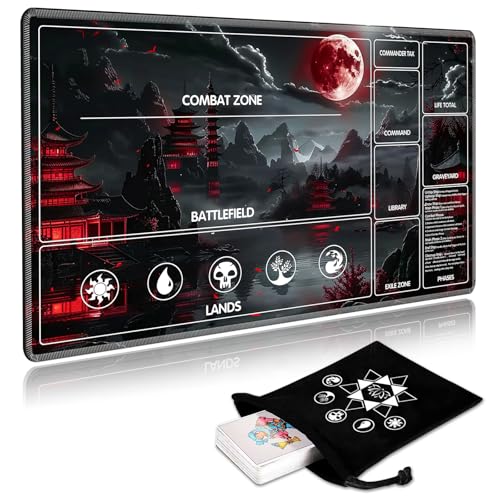 Image of for MTG Playmat with Card Storage Bag,Non-Slip Rubber Base & Smooth Surface 35.4x19.7in,Beginner-Friendly Magic Mat for Commander Deck,Red Moon Lake