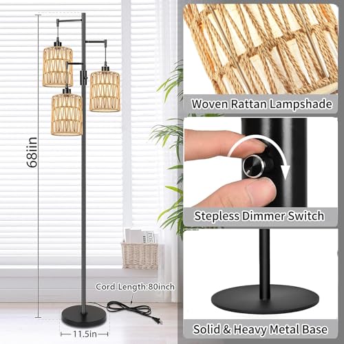 Image of ZECOXOL Boho Floor Lamp for Living Room Bedroom-3 Light Dimmable Floor Lamp with Three Led Bulb, Rustic Tall Lamp Black Standing Lamp Tree Floor Lamps for Living Room Bedroom,Office,Corner