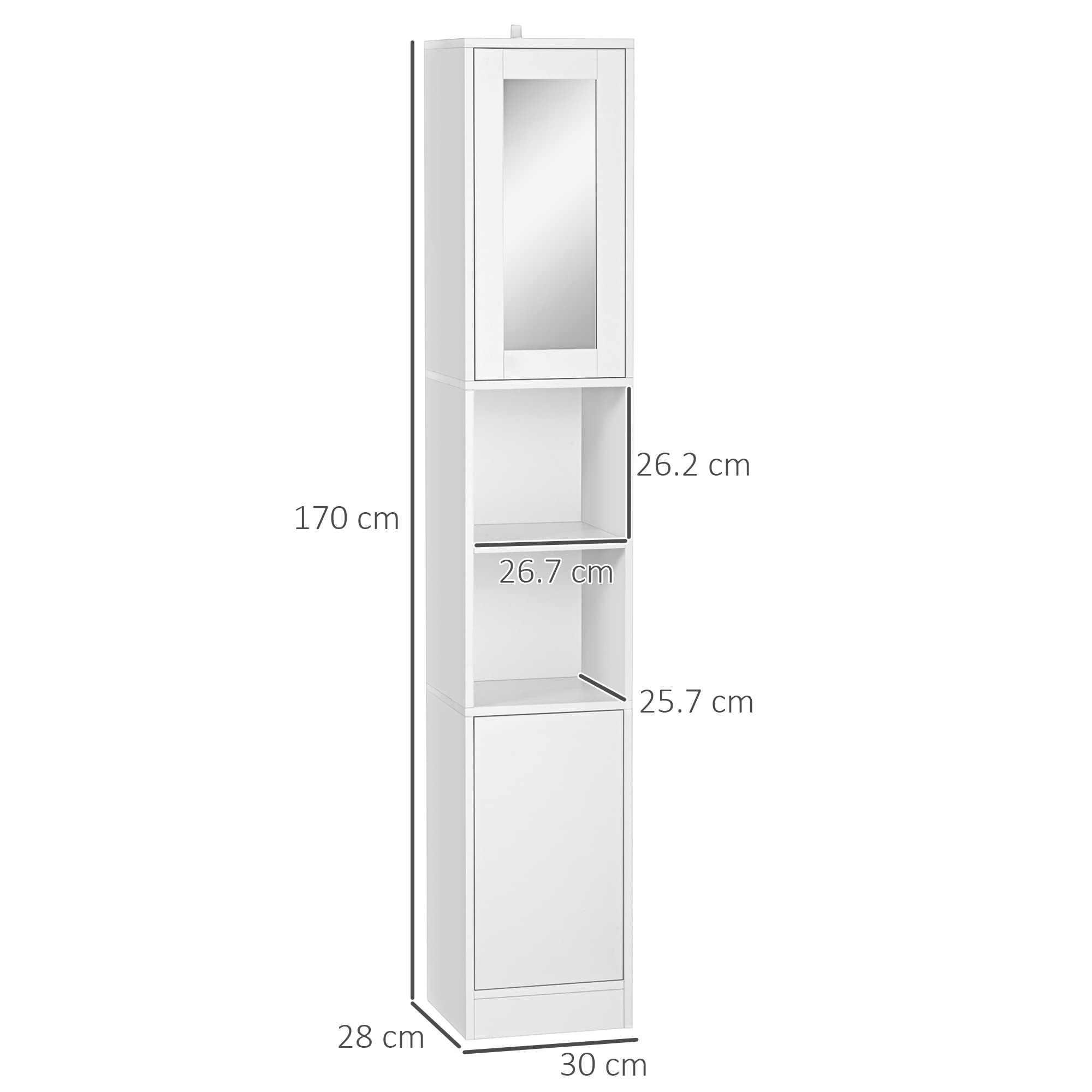 kleankin Colonna Bagno Salvaspazio con Specchio e Apertura a Pressione, Mobile da Bagno Multiuso in Legno, 30x28x170cm, Bianco