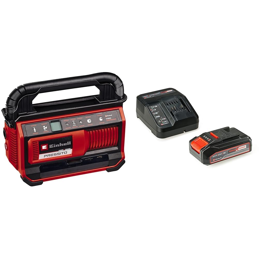 Einhell PRESSITO 18/25 Hybrid - Solo, Akülü-Elektrikli Kompresör ve Einhell 18V 2,5 Ah PXC Starter Kit (Başlangıç Seti)