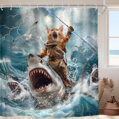Image of Funny Cat Riding Shark Shower Curtain Ocean Waves 72Wx84H Inch Decor