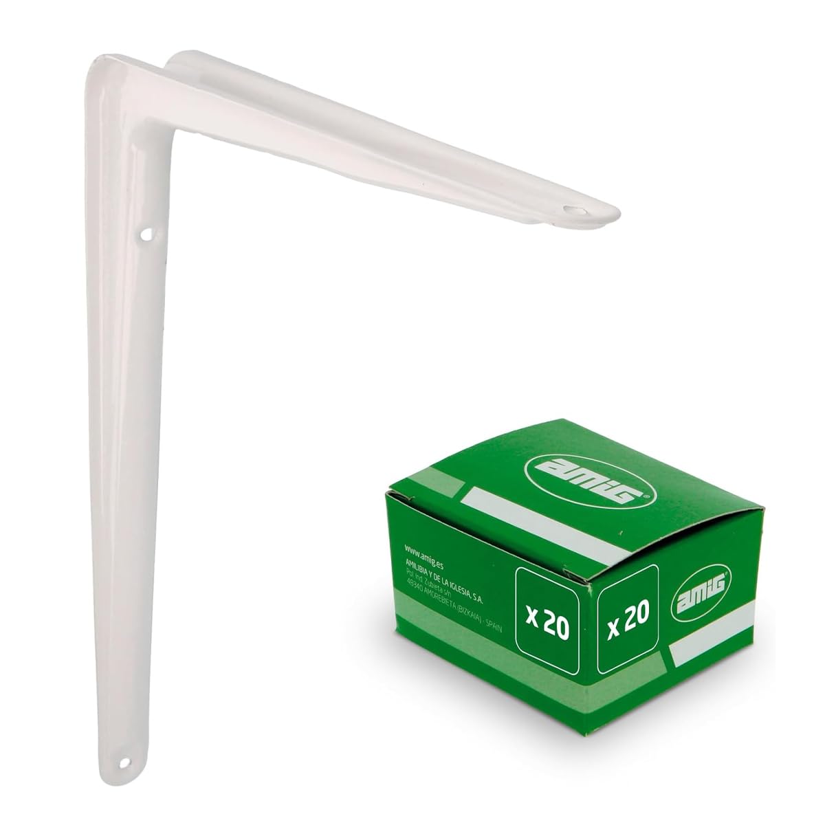 Amig - Pack Soportes para Estantería de Pared - 20 piezas - Escuadras en Acero - 250X200 mm - Color Blanco - Ángulo para Estantes - Soporte para Baldas - Fácil instalación