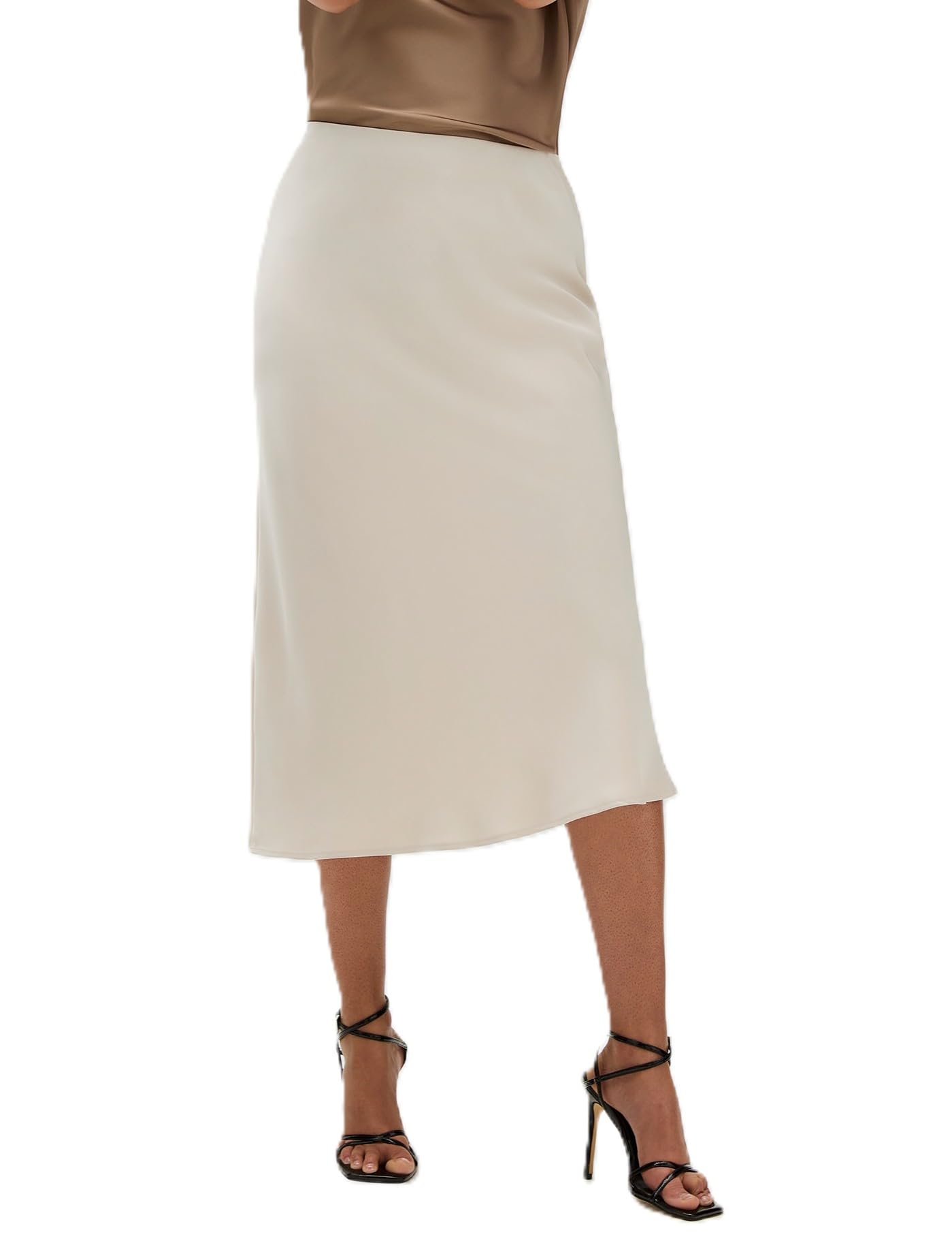 Calvin Klein Womens Matte Satin Midi Skirt, Oatmeal, XL