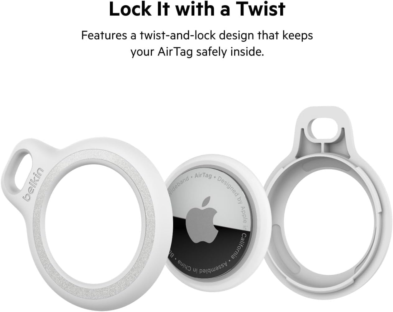 Belkin Etui na Apple AirTag z Kółkiem na Klucze (4 Szt.), Odporne na Zarysowania Etui z Otwartą Przednią Częścią i Podwyższonymi Krawędziami, Akcesorium na AirTaga do Kluczy, Zwierząt, Bagażu itp.