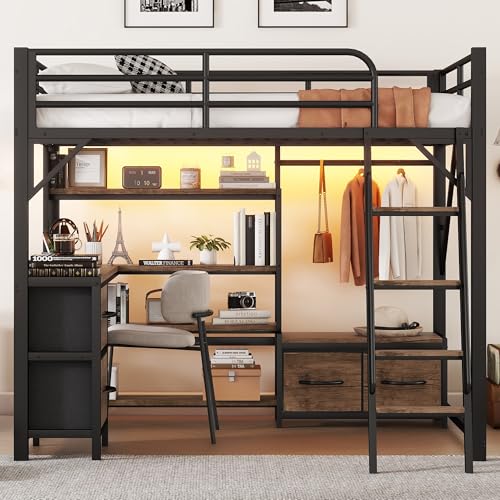 Loft Bed Full Size with Desk and Charging Station, Metal Loft Beds Frame with LED Lights, Bookcase & 4 Fabric Storage Drawers & Bench, Adults Loft Beds with Wardrobe -Safety Guard & Ladder, Black