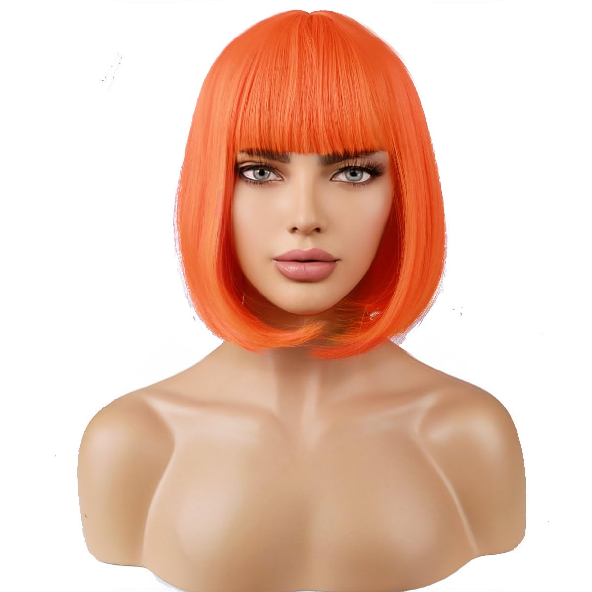 MAGQOO Orange Wig Orange Bob Wig with Bangs 12 Inches Short Straight Neon Orange