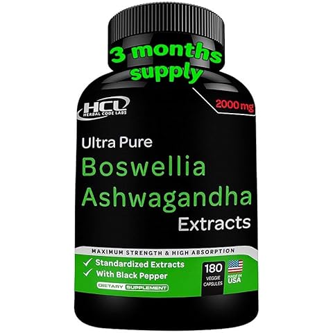 Boswellia Extract and Organic Ashwagandha Capsules 2000 mg - Strong Natural Joint Support Pills 3 Month Supply - Extra Strength Boswellia Serrata 65% Boswellic Acid with Ashwagandha Powder Supplement Cover