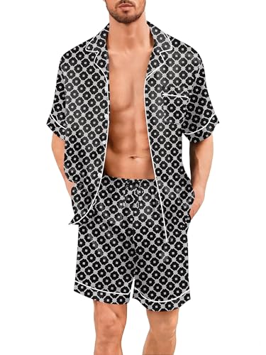 Image of SWOMOG Men Silk Pajama Set Short Sleeve Satin PJs Sets 2 Piece Button Down Sleepwear Soft Summer Loungewear with Pockets