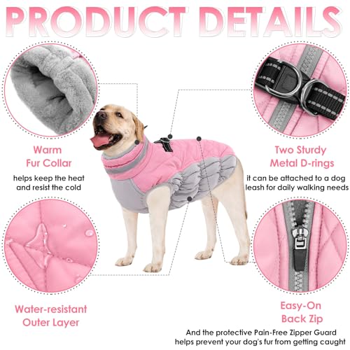 AOFITEE Wintermantel für große Hunde, Wasserdicht Hundemantel Hundejacke Mittelgroße Hund mit Geschirr, Winddichter Winter Hunde Jacket mit Reißverschluss, Warme Outdoor Hundebekleidung, L Rosa