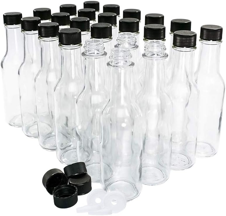 (24 Pack) 5 oz. Clear Glass Hot Sauce Bottle with Black Cap + Shrink