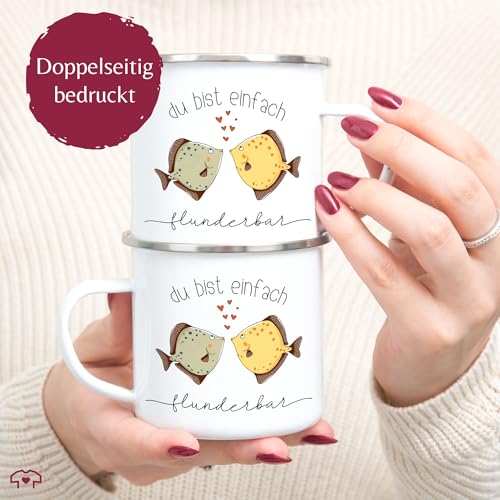 Emaille Becher Blechbecher - Tassen - Du bist einfach flunderbar I Pärchen Geschenke Spruch Flunder Kompliment I Liebeserklärung Geschenk Freundschaft I Paar Geschenke - 300 ml - Weiß Silber