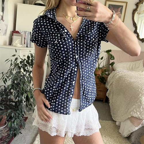 Image of Y2k Girls Vintage Coquette Button Down Shirt Women Short Sleeve V-Neck Slim Fitted T-Shirt Cute Blouse Crop Top
