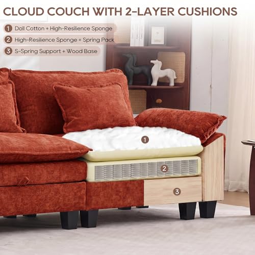 Image of IPKIG 82.3 inch Modular Cloud Couch with Storage, U Shaped Sectional Sofa with Ottoman & Pillow, Chenille Deep Seat Sectional Couches for Living Room, Apartment, Orange