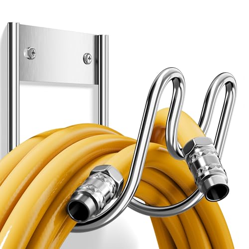 Image of Stainless Steel Garden Hose Holder - Extra Large Heavy Duty Silver SS304 Wall Mounted Hanger for Water Hose, Extension Cords, Vacuum Lines, Anti-Rust