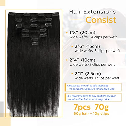 Vario Hair Clip In Hair Extensions Human Hair Natural Black 18 Inch 100% Remy Human Hair Grade 8A Quality Thick Long Soft Silky Straight 7Pcs 70G For Women #1B Color #TOP1