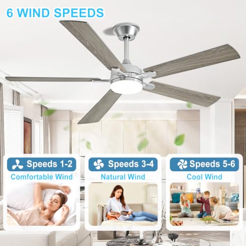 Image of Depuley 60-inch Ceiling Fan with Light: Nickel Ceiling Fan for Living Room Indoor Outdoor - Modern Ceiling Fan with Remote Control 3CCT Dimmable Noiseless 5 Reversible Silver Blades 6 Speeds Timer