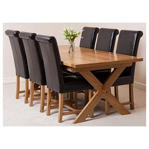 Vermont 200-240 cm Large Oak Extendable Dining Table and 6 Chairs Dining Set with Washington Brown Leather Chairs by Oak Furniture King