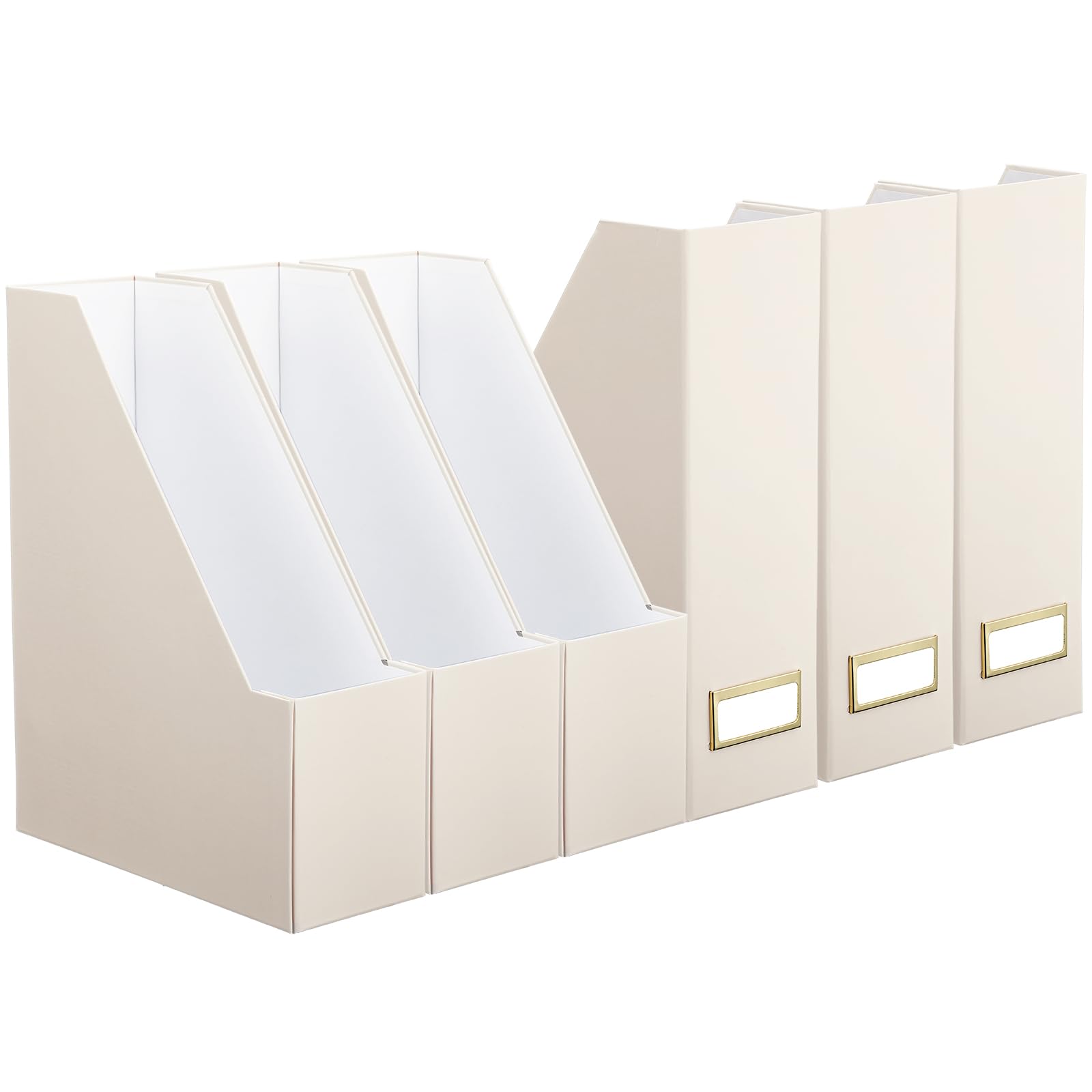 Feifeiya Magazine File Holder Set of 6 Stylish Sturdy Cardboard File Boxes Desk Organizer Beautiful Magazine Holder Rack with Gold Label Holder for Home Office Desktop Bookshelf Classroom(Beige)