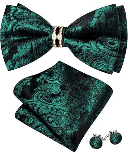 Image of YOHOWA Mens Bow Tie Set Paisley Pre-tied Bowties Adjustable with Handkerchief Cufflinks Gold Ring Set Wedding Prom Party