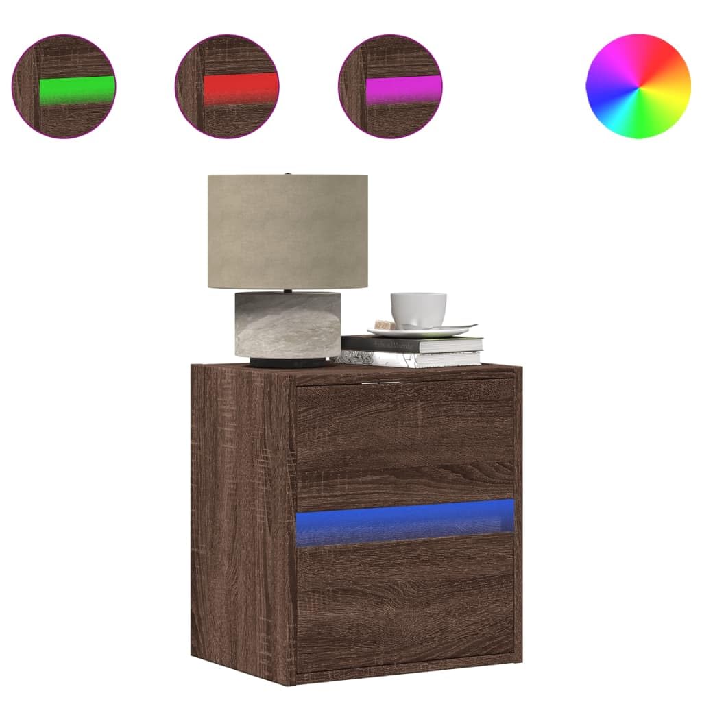 Wandmontierter Nachttisch mit RGB LED Beleuchtung, 2 Schubladen Stauraum, Holzwerkstoff Nachttisch für Schlafzimmer, Wandbefestigung Möbelstück mit USB Anschluss