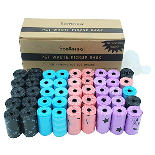 SCENEREAL Dog Poop Bags with Dispenser 45 Rolls/ 900 Counts Earth Friendly Waste Bag Thick and Leak Proof Colorful (Black, Blue, Pink, Purple)