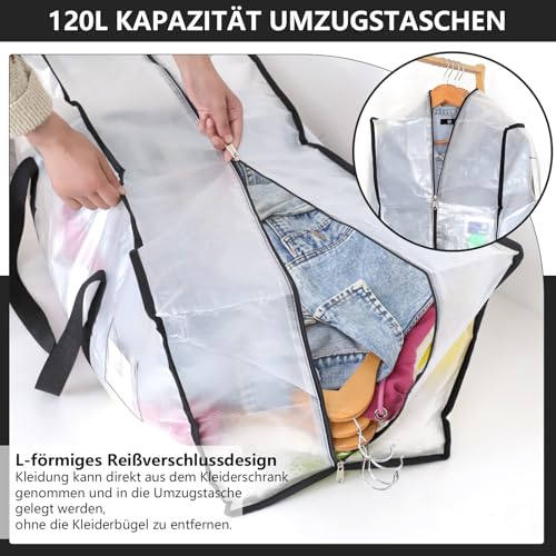 Dntorx 4 Stück 120L Aufbewahrungstasche, Heavy-Duty Umzugstaschen Transparente Umzugskartons Große mit Reißverschluss Griff Faltbar Aufbewahrungsbox für Umzug Camping Bettwäsche Kleidung Aufbewahrung