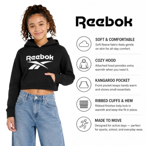 Reebok Girls Midweight Fleece Pullover Hoodie with Lined Hood for School - image 5
