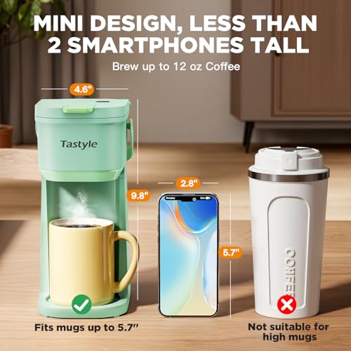 Image of Tastyle Single Serve One Cup Coffee Maker, for K Cups and Grounds, Mini Coffee Maker with Portable Handle, 6 to 12 Oz Brew Size, for Travel, Camping, Office, RV and Dorm, 120V, Oasis