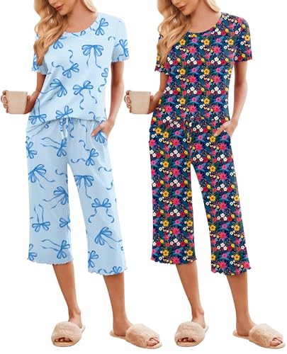 Image of Ekouaer 2 Pack: Women's Pajamas Set Short Sleeve Sleepwear Capri Pants Pjs Soft Loungewear with Pockets