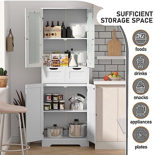 Betterhood 67" Tall Storage Cabinet, Freestanding Kitchen Pantry Cabinet With Glass Doors And Shelves, Large Linen Bathroom Cabinet With 2 Drawers For Living Room, Kitchen, Dining Room, Office,White #TOP2