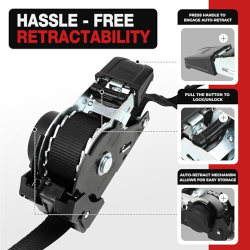 Autofonder Retractable Ratchet Straps with Soft Loops (4 Pack)-(1,500lb Break Strength)-1 Inch x 12 Feet Heavy Duty Auto Self Retracting Tie Down Strap for Truck, Cargo Trailer, Motorcycle, Rad & More by Autofonder - Image 3