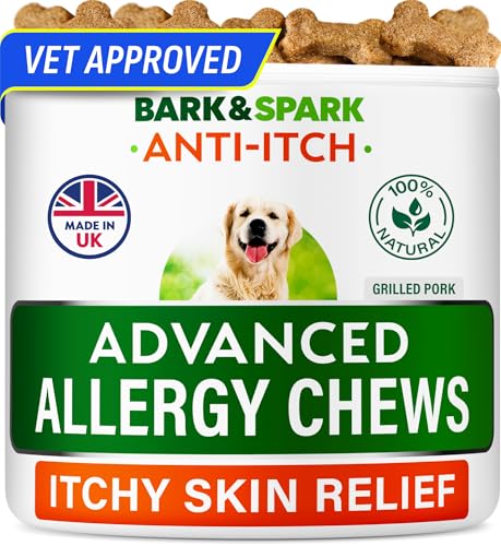 BARK&SPARK Dog Itch & Allergy Support Chews - Skin & Coat Supplement - Omega 3 Fish Oil -Itching & Paw Licking - Dry Skin & Hot Spots - 60ct - Grilled Pork. Horse Skin Coat & Hoof Supplement