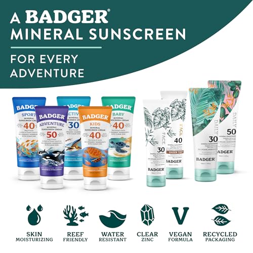 Image of Badger SPF 50 Daily Mineral Sunscreen with Zinc Oxide, 85% Organic, Lightweight & Easy to Apply, No White Cast, Moisturizing, Reef Safe, Vegan, Unscented, 4 fl oz, 2 Pack
