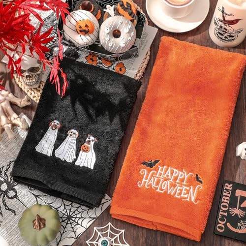 Jarthenaamcs J2971 2Pcs Happy Halloween Hand Towels Embroidered Ghost Dogs Cotton Bathroom Towels Halloween Dish Towels thumb #3