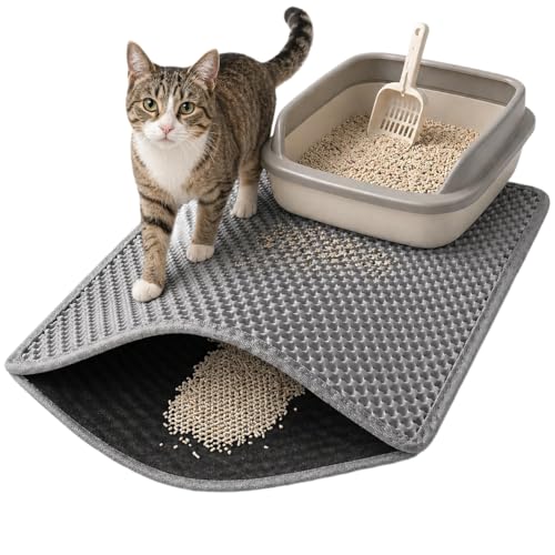 SKY-TOUCH Cat Litter Mat Cat Litter Tray Mat Honeycomb Double Layer Design Urine and Waterproof Material Washable Easy to clean keep clean 60 * 40cm Grey