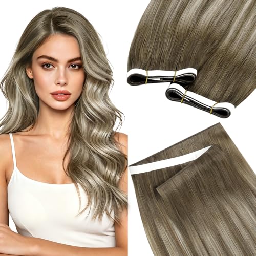 Image of LaaVoo Tape in Weft Extensions Light Brown Ombre Tape in Hair Extensions Human Hair 50G Genius Tape Hair Extensions Brown to Light Brown with Platinum Blonde 20inch