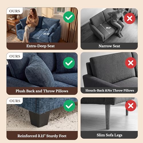 Image of Loveseat Sofa with Cloud 3-Layer Cushion & 27 inch Deep Seat, Modern Small Couch with 2 Washable Pillows for Small Spaces, Bedroom, Apartment, Office, Living Room, in a Box, 50-Inch Blue
