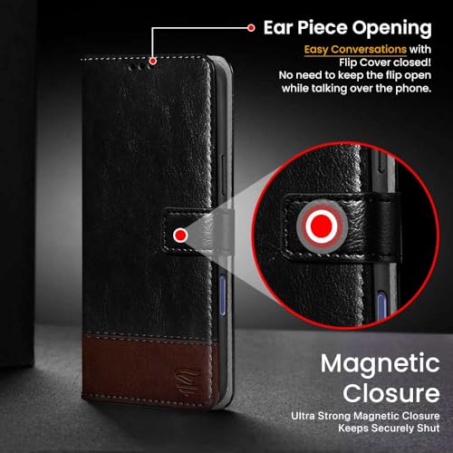 Image of FLIPPED Vegan Leather Flip Case Back Cover for iPhone 16 (Flexible, Shock Proof | Hand Stitched Leather Finish | Card Pockets Wallet & Stand | Black with Brown)