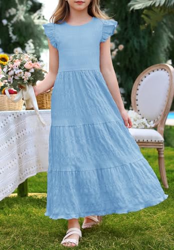 MITILLY Girls Summer Maxi Dress Cute Ruffle Short Sleeve A Line Flowy Casual Party Dresses with Pockets 6-13 Years2