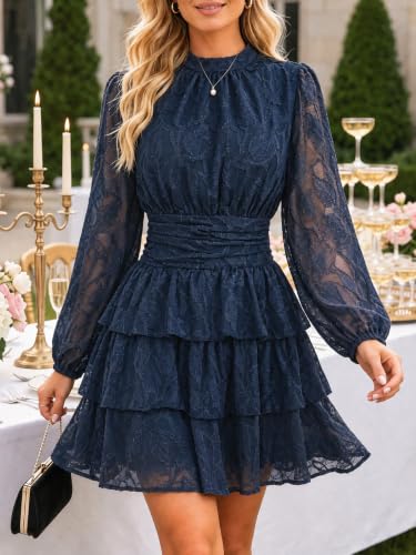 Image of Wenrine Womens Long Sleeve Lace Mini Dress Wedding Guest Dresses | Cut Out, High Waist, Ruffle Design, Tiered Smocked, Mesh, Layer, Button Back, Night Out, Fall Winter