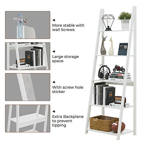 Kicode 5-Tier Ladder Shelf Bookcase, Leaning Bookshelf, Wooden Frame Decor Modern Bookshelf Storage, Flower Shelf Plant Display Shelf for Home Office (White)