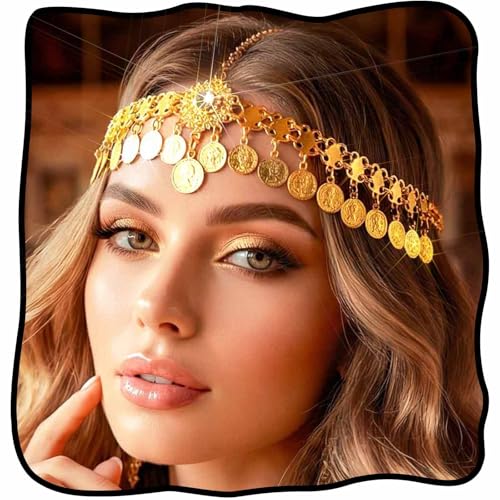 Yokawe Gold Coin Head Chain Jewelry, Belly Dance Headpieces,Tassel Forehead Hair Accessories for Women